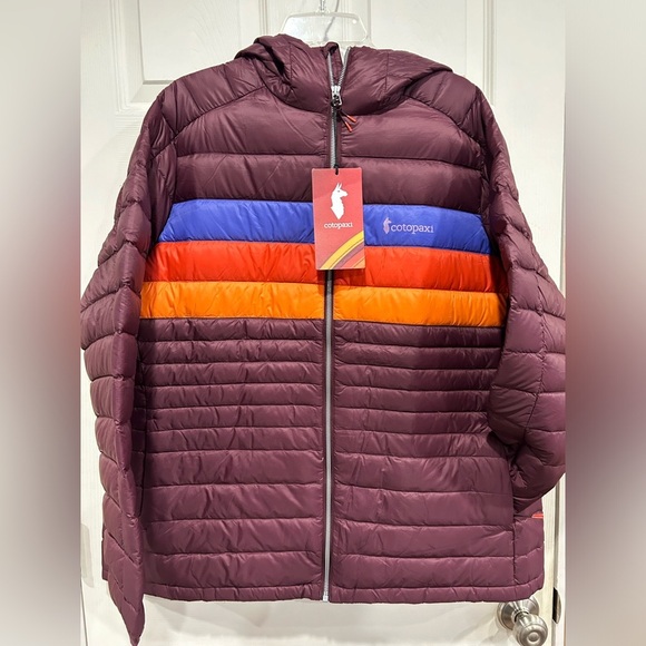 Cotopaxi Women's 1X Fuego Hooded Down Jacket Wine Stripes Maroon Blue NWT - Picture 1 of 15